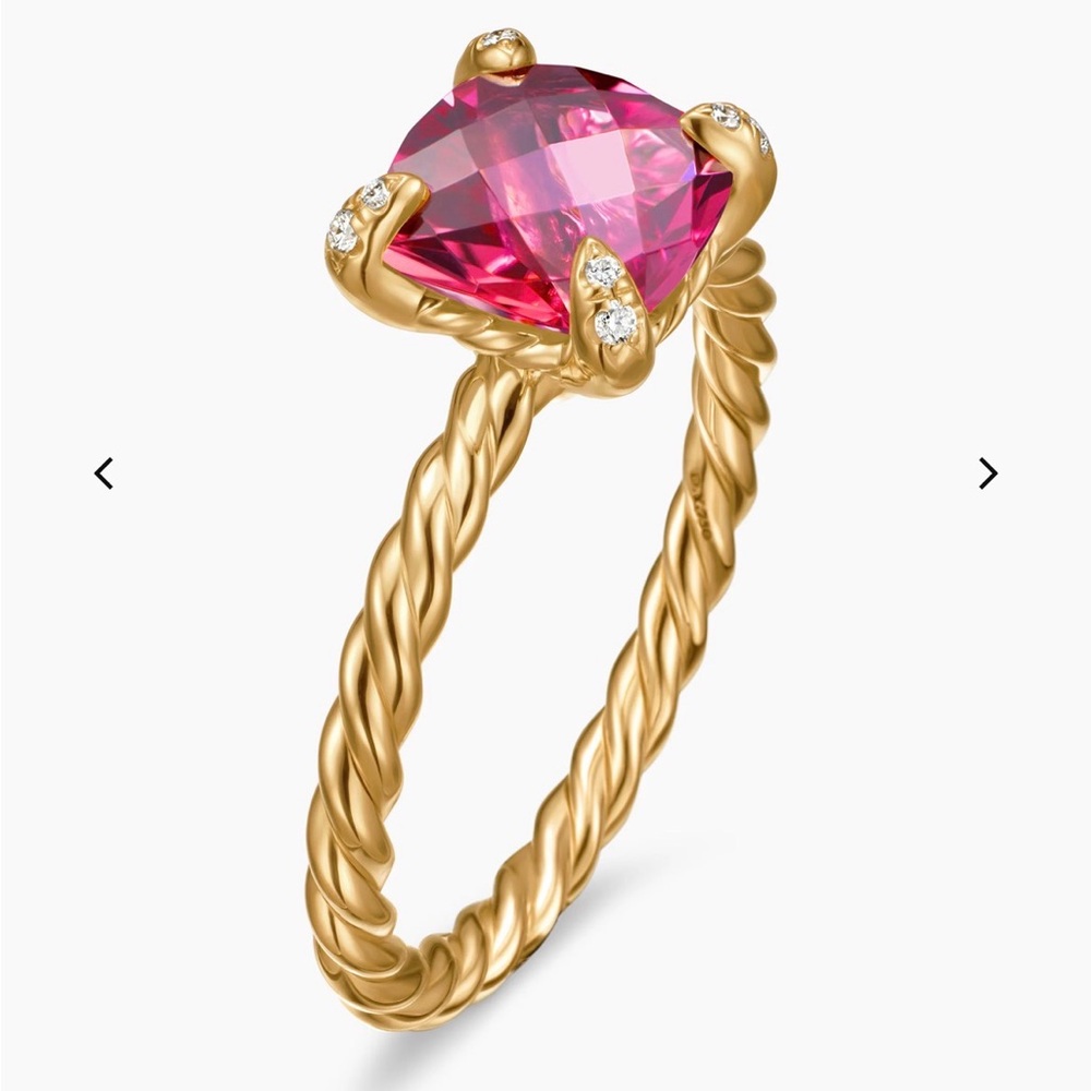 David Yurman Chatelaine Ring 18K Yellow Gold Pink Tourmaline Diamonds 7mm size 6